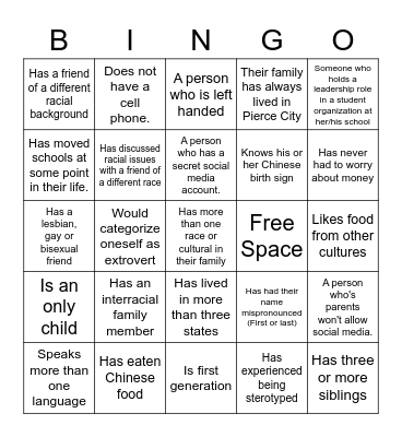 Chi Upsilon Sigma's Cultural Bingo Card