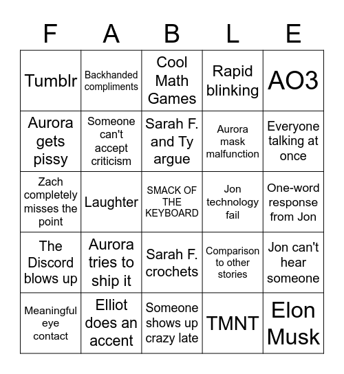 F&F Bingo Card