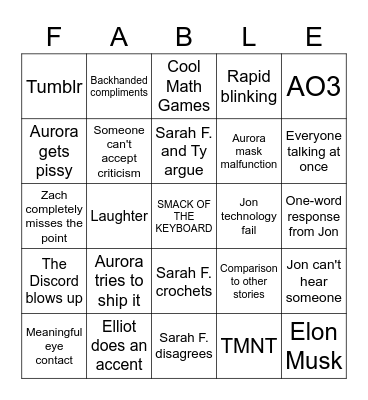 Fable & Fantasy Bingo Card