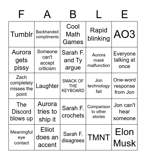Fable & Fantasy Bingo Card