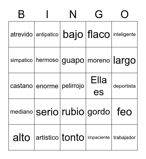 Los Adjetivos y SER Bingo Card