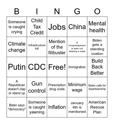State of the Union 2022 Bingo Card
