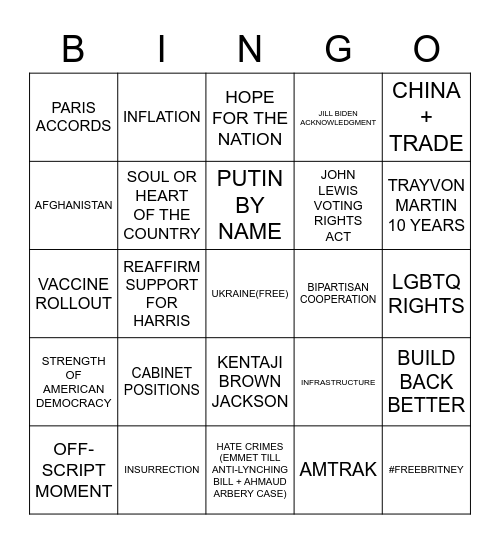 STATE OF THE UNION BINGO 2022 Bingo Card