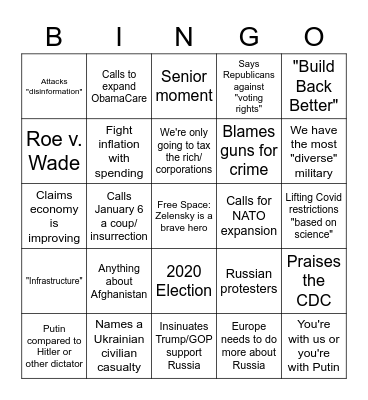 State of the Union 2022 Bingo Card