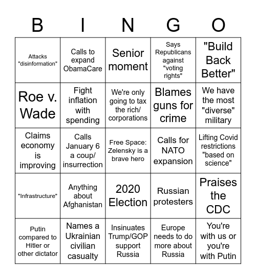 State of the Union 2022 Bingo Card