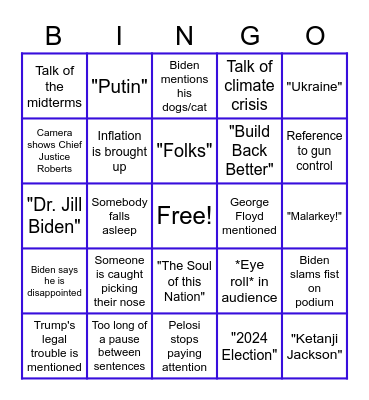 2022 State of the Union Bingo Card