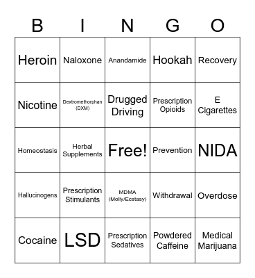 National Drug and Alcohol Fact Week Bingo Card