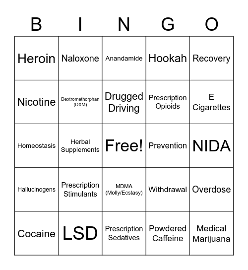 National Drug and Alcohol Fact Week Bingo Card