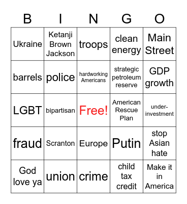 BIDEN'S FIRST SOTU Bingo Card