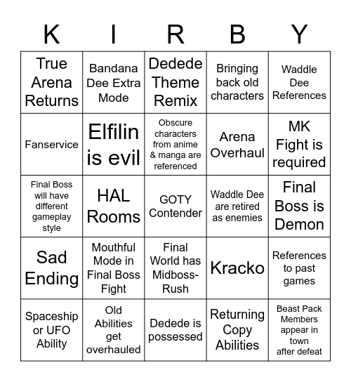 Kirby and the Forgotten Land Bingo Card