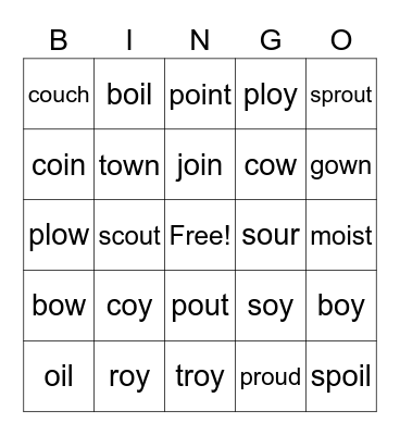 Diphthongs Bingo Card