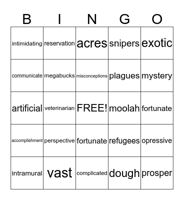 Vocabulary Bingo Card