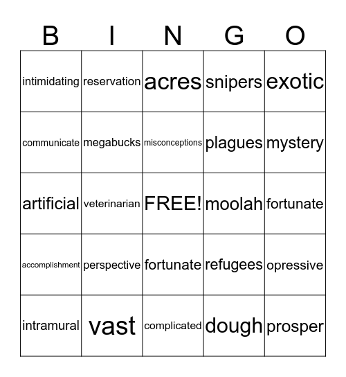 Vocabulary Bingo Card