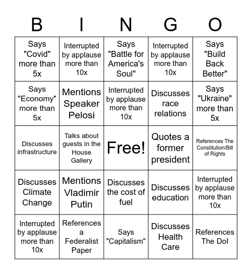 2022 State of the Union Bingo Card