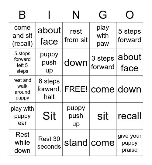 Puppy Club Bingo Card