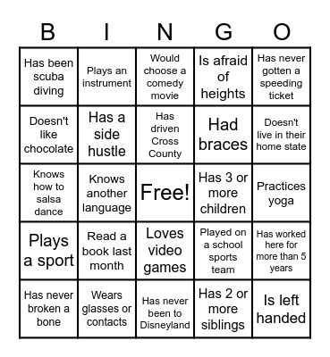 Get to know you BINGO Card