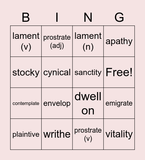 Night Vocab Bingo Card