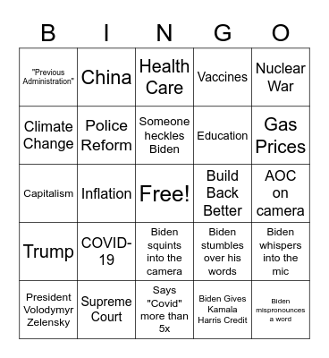 State of the Union 2022 Bingo Card