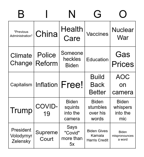 State of the Union 2022 Bingo Card
