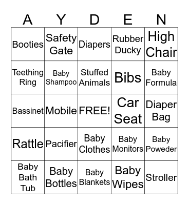 Alley's Baby Shower  Bingo Card