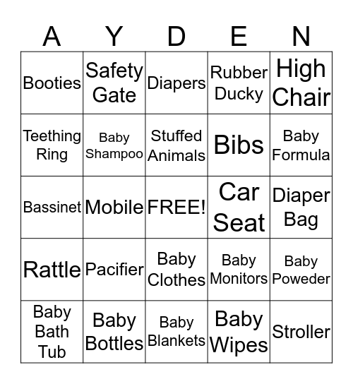 Alley's Baby Shower  Bingo Card