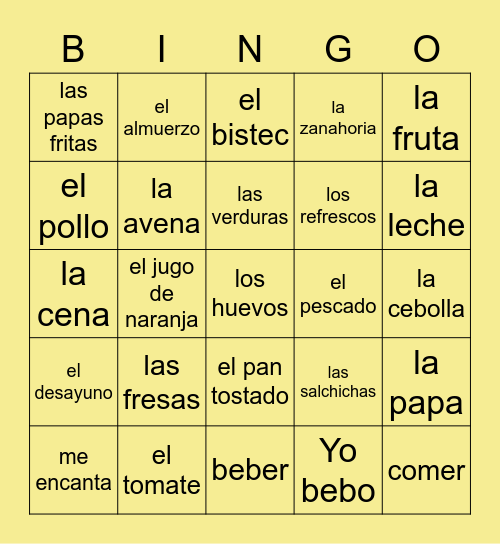 El Desayuno, El Almuerzo y La cena Bingo Card