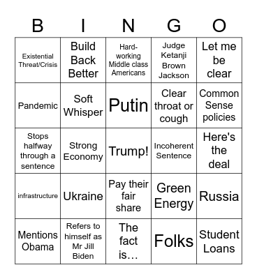 Biden Bingo - State of the Union 2022 Bingo Card