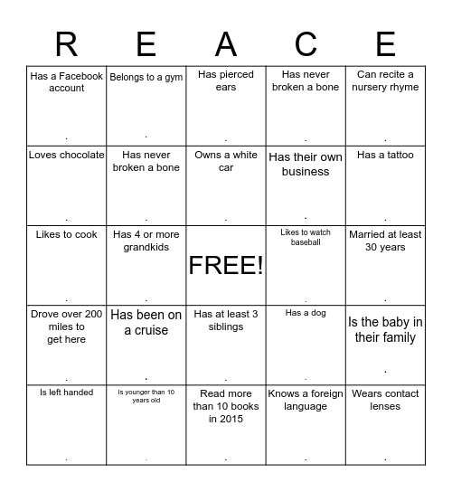2015 Family Reunion Bingo Card