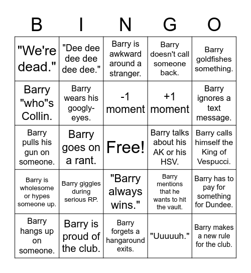 Barry Benson Bingo Card