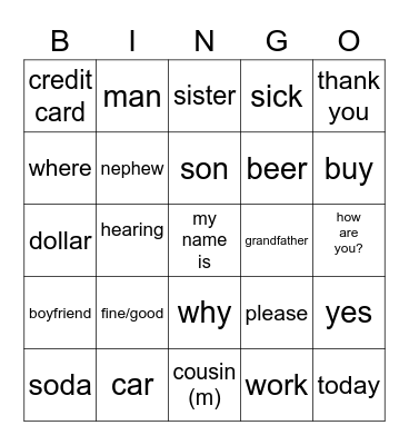 Tuesday Night Class Bingo Card