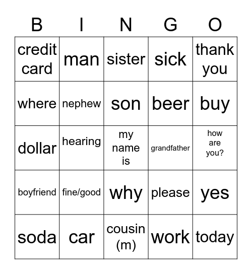 Tuesday Night Class Bingo Card