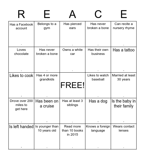 2015 Family Reunion Bingo Card