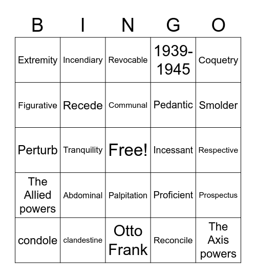 Anne Frank Vocab List 3 Bingo Card