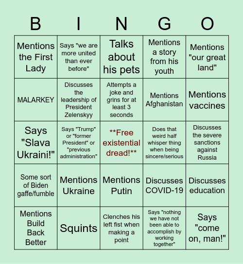 SOTU '22 Bingo, yo! Bingo Card