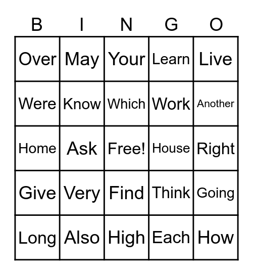 First Grader Sight Words Bingo Card