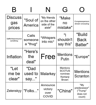 2022 State of the Union Bingo Card