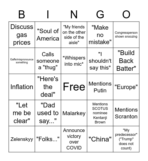 2022 State of the Union Bingo Card