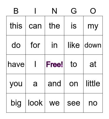 I G Word Bingo Card