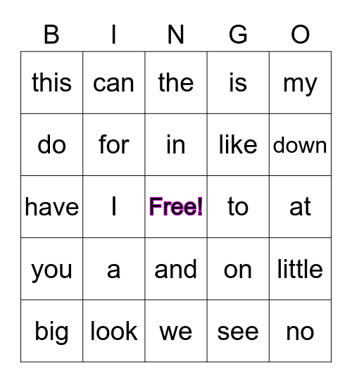 I G Word Bingo Card