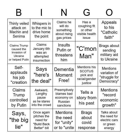 123Biden Speech Bingo Card