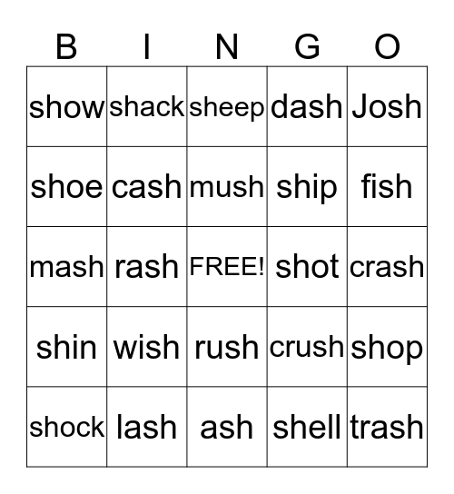 "sh" Words Bingo Card