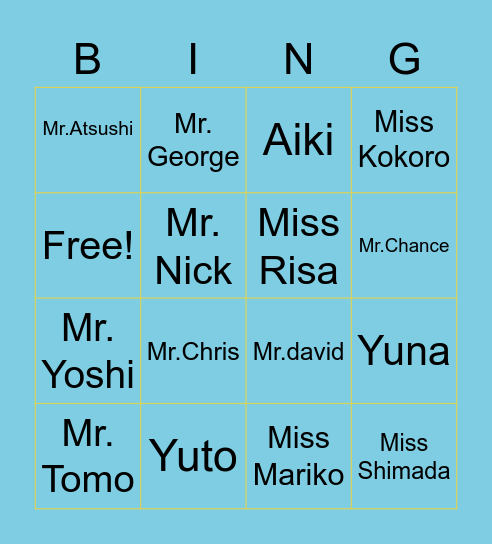 Backwards name bingo Card