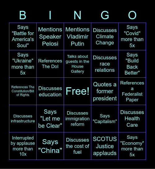 2022 State of the Union Bingo Card