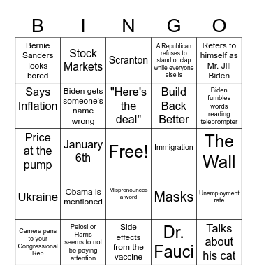 State of the Union 2022 Bingo Card