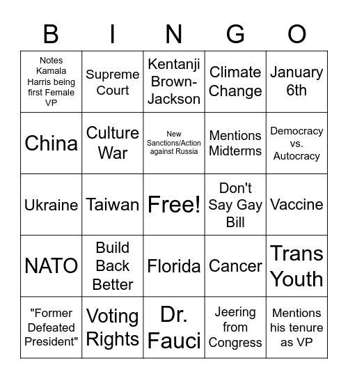 State of the Union 2022 Bingo Card