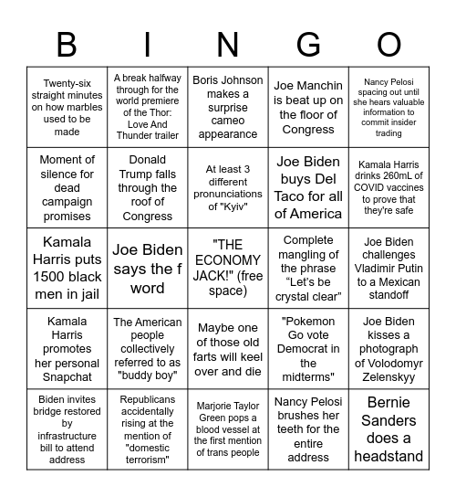JOE BIDEN STATE OF THE UNION ADDRESS BINGO Card JOE BIDEN STATE OF THE UNION ADDRESS BINGO Card