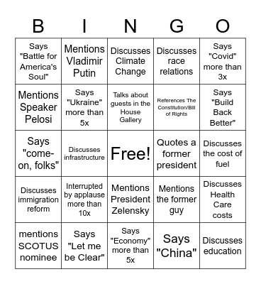 2022 State of the Union Bingo Card
