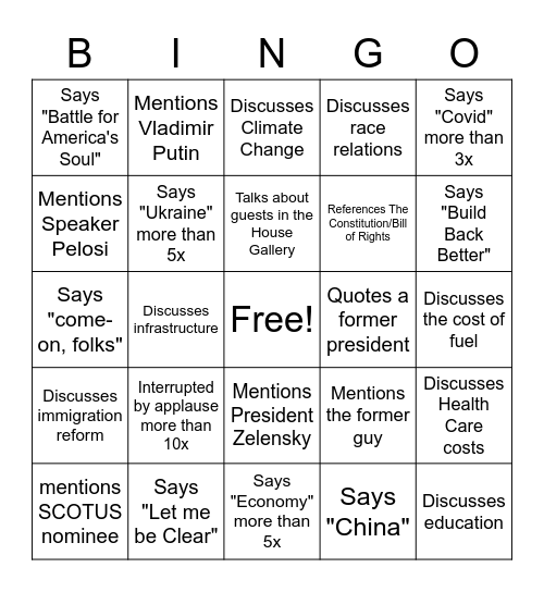 2022 State of the Union Bingo Card