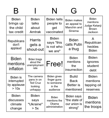 State of the Union 2022 Bingo Card