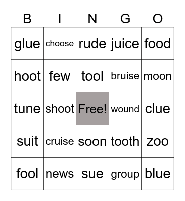Long U Vowel Words Bingo Card